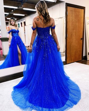Beaded Appliques Blue Tulle Off the Shoulder Prom Dress with Side Slit PD2469