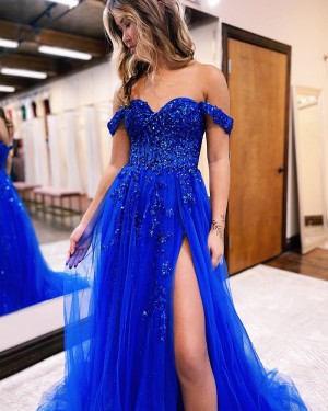 Beaded Appliques Blue Tulle Off the Shoulder Prom Dress with Side Slit PD2469