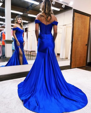 Beaded Bodice Royal Blue Satin Off the Shoulder Prom Dress with Side Slit PD2470