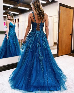 Blue Sparkling Applique Tulle A-line V-neck Prom Dress PD2471
