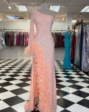 Orange Sequin Feathered One Shoulder Prom Dress with Side Slit PD2472