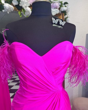 Fuchsia Ruched Satin Sweetheart Prom Dress with Feathers PD2473