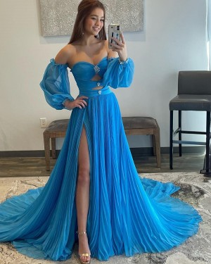 Sweetheart Tulle Cutout Beaded Blue Prom Dress with Removable Sleeves PD2474