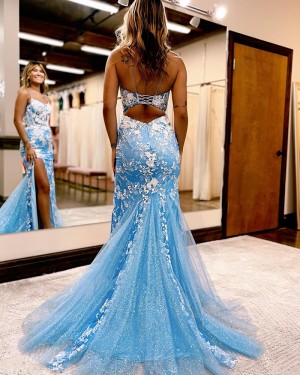 Spaghetti Straps Appliqued Special Prom Dress with Side Slit PD2475