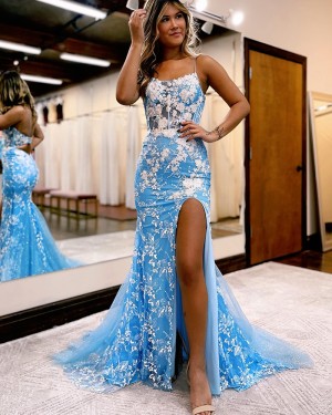 Spaghetti Straps Appliqued Special Prom Dress with Side Slit PD2475