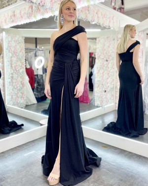Black Ruched Satin One Shoulder Prom Dress with Side Slit PD2476
