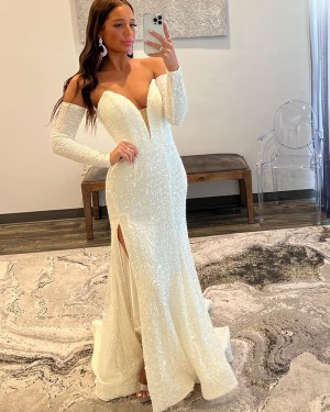 White Sequin Side Slit Mermaid Sweetheart Prom Dress with Removable Sleeves PD2489