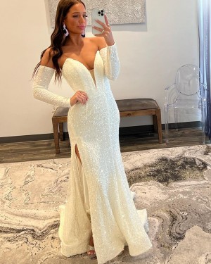 White Sequin Side Slit Mermaid Sweetheart Prom Dress with Removable Sleeves PD2489