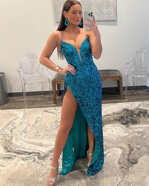 Sequin Lake Blue Sweetheart Prom Dress with Side Slit PD2490