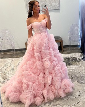 Light Pink Ruched & Ruffled Off the Shoulder Prom Dress PD2491