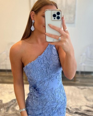 Light Blue Lace Applique One Shoulder Prom Dress with Side Slit PD2493