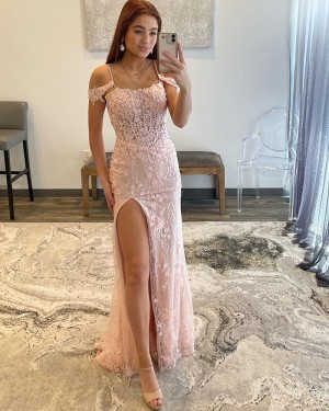 Light Pink Lace Cold Shoulder Prom Dress with Side Slit PD2494