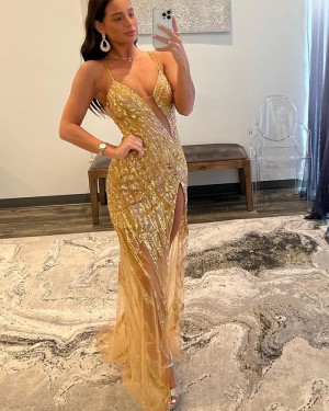 Gold Sequin Tulle Spaghetti Straps Prom Dress with Side Slit PD2495