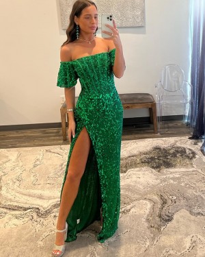 Green Sequin Off the Shoulder Prom Dress with Side Slit PD2496