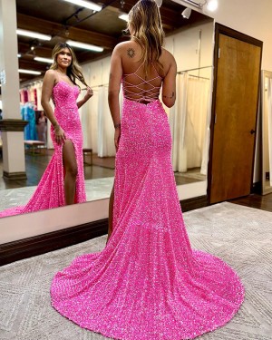 Purple Sequin Mermaid Spaghetti Straps Prom Dress with Side Slit PD2500