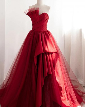 Elegant Asymmetric Red Ruched Evening Dress PD2501