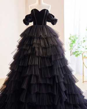 Black Short Sleeve Sweetheart Evening Dress with Layered Skirt PD2502
