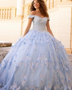 Light Blue Lace Applique Off the Shoulder Evening Dress PD2504