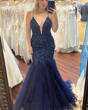 Lace Applique Navy Blue Spaghetti Straps Mermaid Prom Dress PD2508