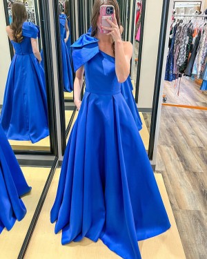 Blue Satin One Shoulder Prom Dress with Pockets & Bowknot PD2509