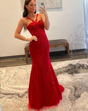 Lace Red Mermaid Spaghetti Straps Prom Dress PD2510
