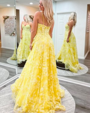 Lace Yellow A-line Spaghetti Straps Prom Dress PD2511