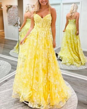 Lace Yellow A-line Spaghetti Straps Prom Dress PD2511