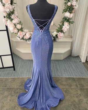 Blue Lace Bodice Metallic V-neck Mermaid Prom Dress PD2512