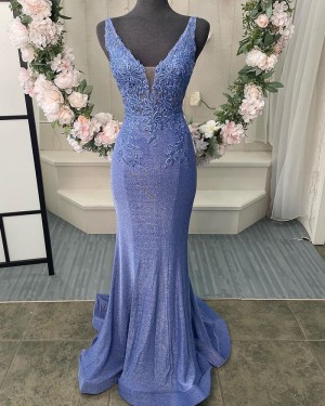 Blue Lace Bodice Metallic V-neck Mermaid Prom Dress PD2512