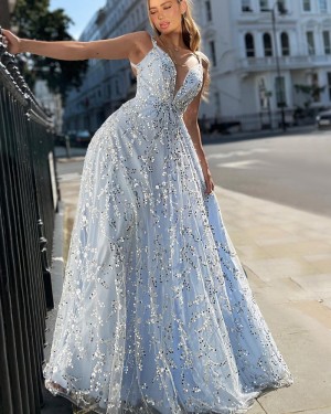 Sparkle Light Blue A-line Spaghetti Straps Prom Dress PD2514