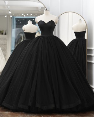 Simple Satin Black Sweetheart Ball Gown Evening Dress PD2515
