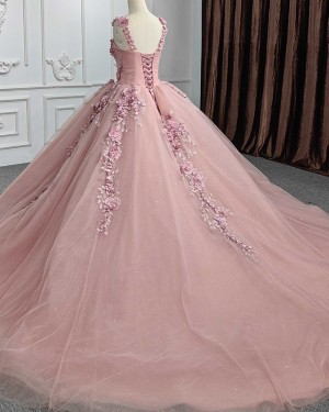 Handmade Flowers Tulle Spaghetti Straps Ball Gown Evening Dress PD2517