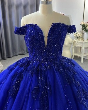 Beading Bodice Royal Blue Off the Shoulder Tulle Ball Gown Evening Dress PD2525