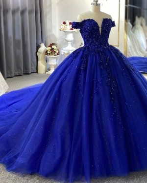 Beading Bodice Royal Blue Off the Shoulder Tulle Ball Gown Evening Dress PD2525
