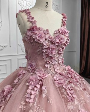 Dusty Pink Lace Applique Sparkle V-neck Ball Gown Evening Dress with Handmade Flowers PD2527