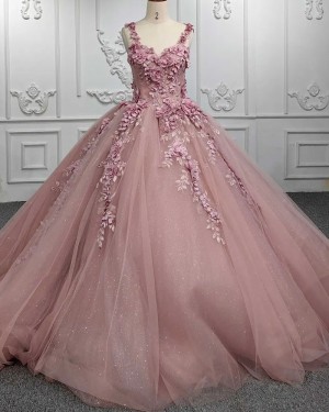 Dusty Pink Lace Applique Sparkle V-neck Ball Gown Evening Dress with Handmade Flowers PD2527