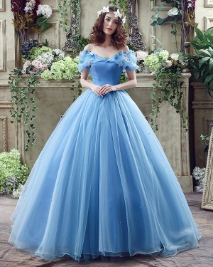 Blue Tulle Beading Ball Gown Off the Shoulder Evening Dress with Butterfly Applique PD2530