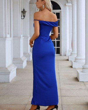 Off the Shoulder Royal Blue Satin Ruched Simple Prom Dress PD2533