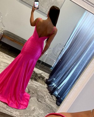 Spaghetti Straps Pink Ruched Satin Mermaid Simple Prom Dress with Side Slit PD2535