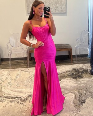 Spaghetti Straps Pink Ruched Satin Mermaid Simple Prom Dress with Side Slit PD2535