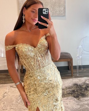 Gold Off the Shoulder Sequin Lace Mermaid Prom Dress with Side Slit PD2536