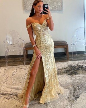 Gold Off the Shoulder Sequin Lace Mermaid Prom Dress with Side Slit PD2536