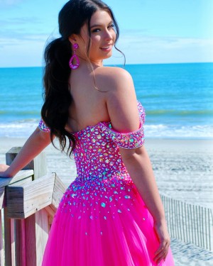 Beading Off the Shoulder Hot Pink Tulle Prom Dress PD2537
