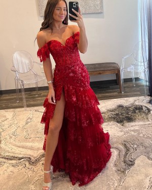 Red Off the Shoulder Sequin Lace Layered Prom Dress with Side Slit PD2538