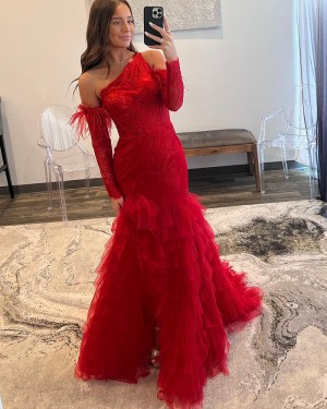 Lace Bodice Ruffle One Shoulder Mermaid Prom Dress with Removable Sleeves PD2539