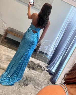 Cyan Sequin Spaghetti Straps Cutout Mermaid Prom Dress with Side Slit PD2540