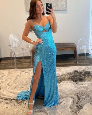 Cyan Sequin Spaghetti Straps Cutout Mermaid Prom Dress with Side Slit PD2540