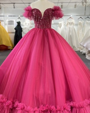 Tulle Coral Pink Sequin Bodice Sweetheart Ball Gown with Ruffle Caps PD2544