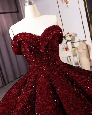 Burgundy Sequin Off the Shoulder Ball Gown Quinceanera Dress PD2545