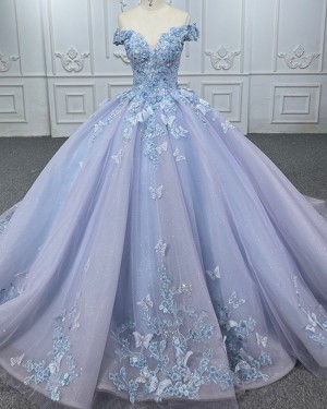 Dusty Blue Applique Tulle Off the Shoulder Ball Gown Quinceanera Dress PD2546
